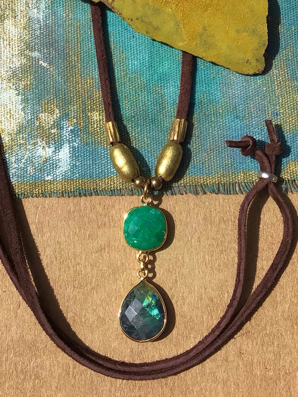 Natural Labradorite Emerald leather suede cord Sundance Charm Necklace SALE